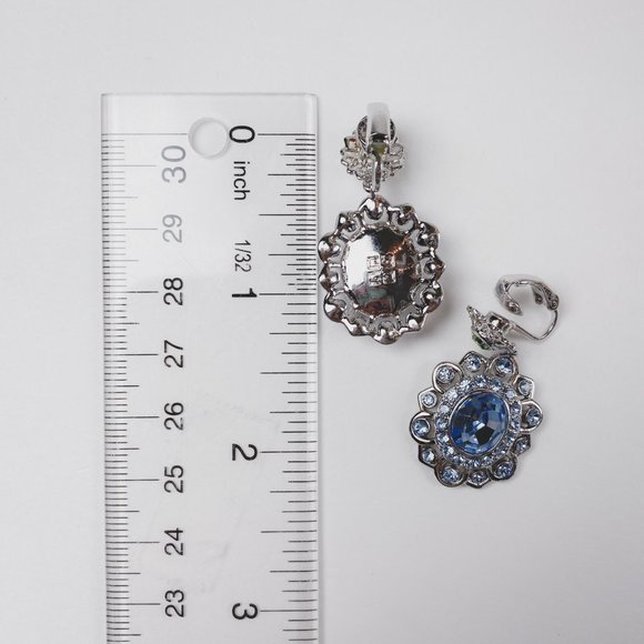 Givenchy Pastel Blue Rhinestone Jewel Flower Oval Silver Dangle Clip Earrings - Picture 9 of 9